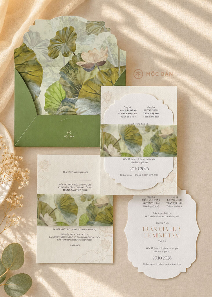 Mộc Bản | Whispers of Lotus Elegance | Thiệp cưới phong cách Sen Huế